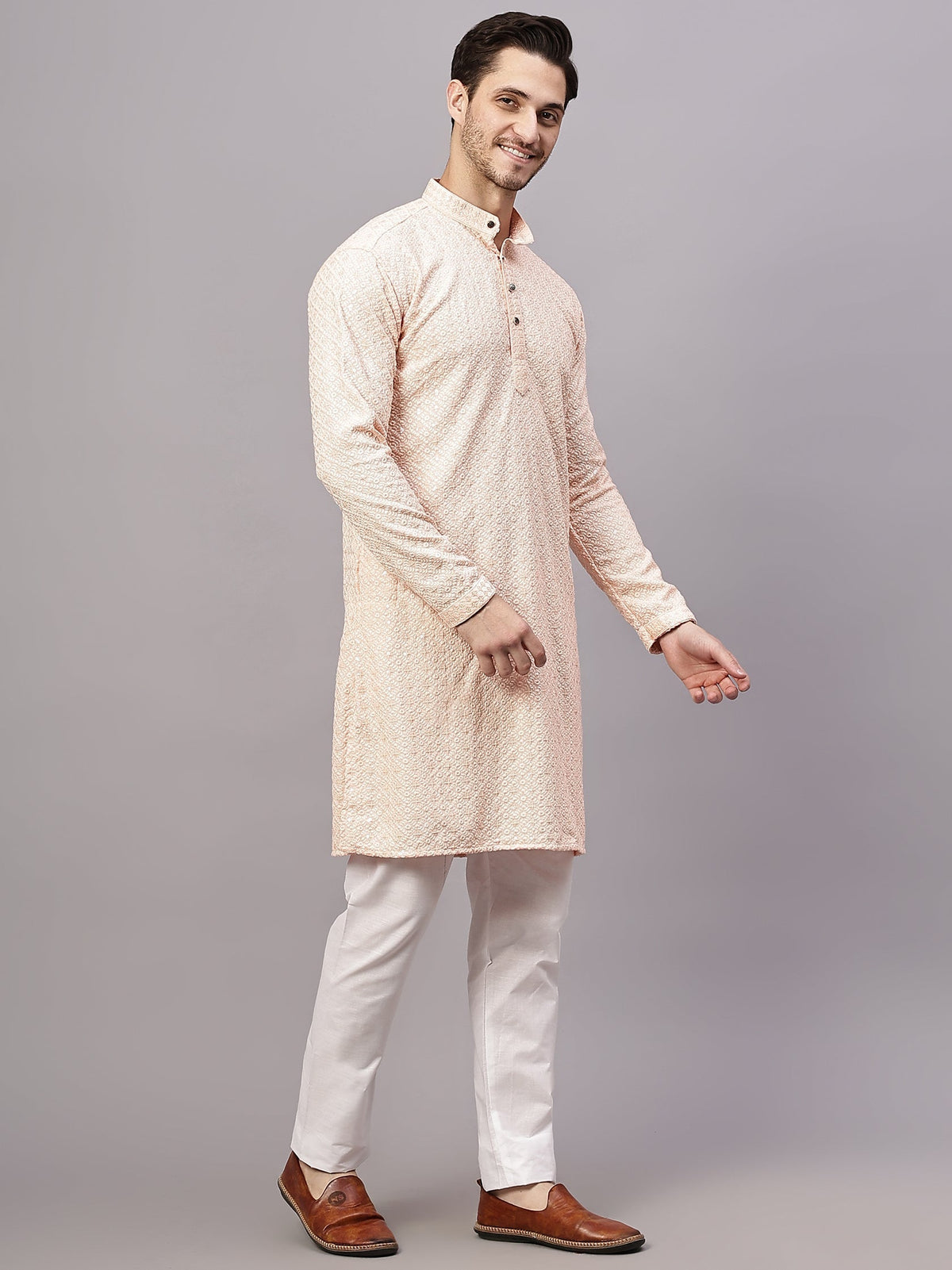 VORA LABEL Men Rayon Schiffli Chikankari Floral Printed Long Kurta Set - Pista