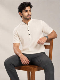 VORA LABEL Men’s Cotton Blend Mandarin Collar Half Kurta | Short Sleeve Solid Casual Wear