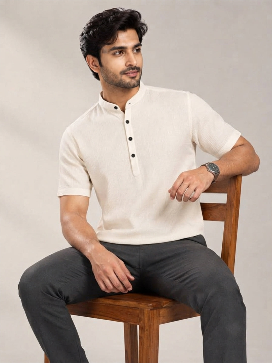 VORA LABEL Men’s Cotton Blend Mandarin Collar Half Kurta | Short Sleeve Solid Casual Wear