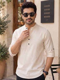 VORA LABEL Men’s Cotton Blend Solid Kurta | Mandarin Collar Full Sleeve Kurta | Casual & Festive Wear