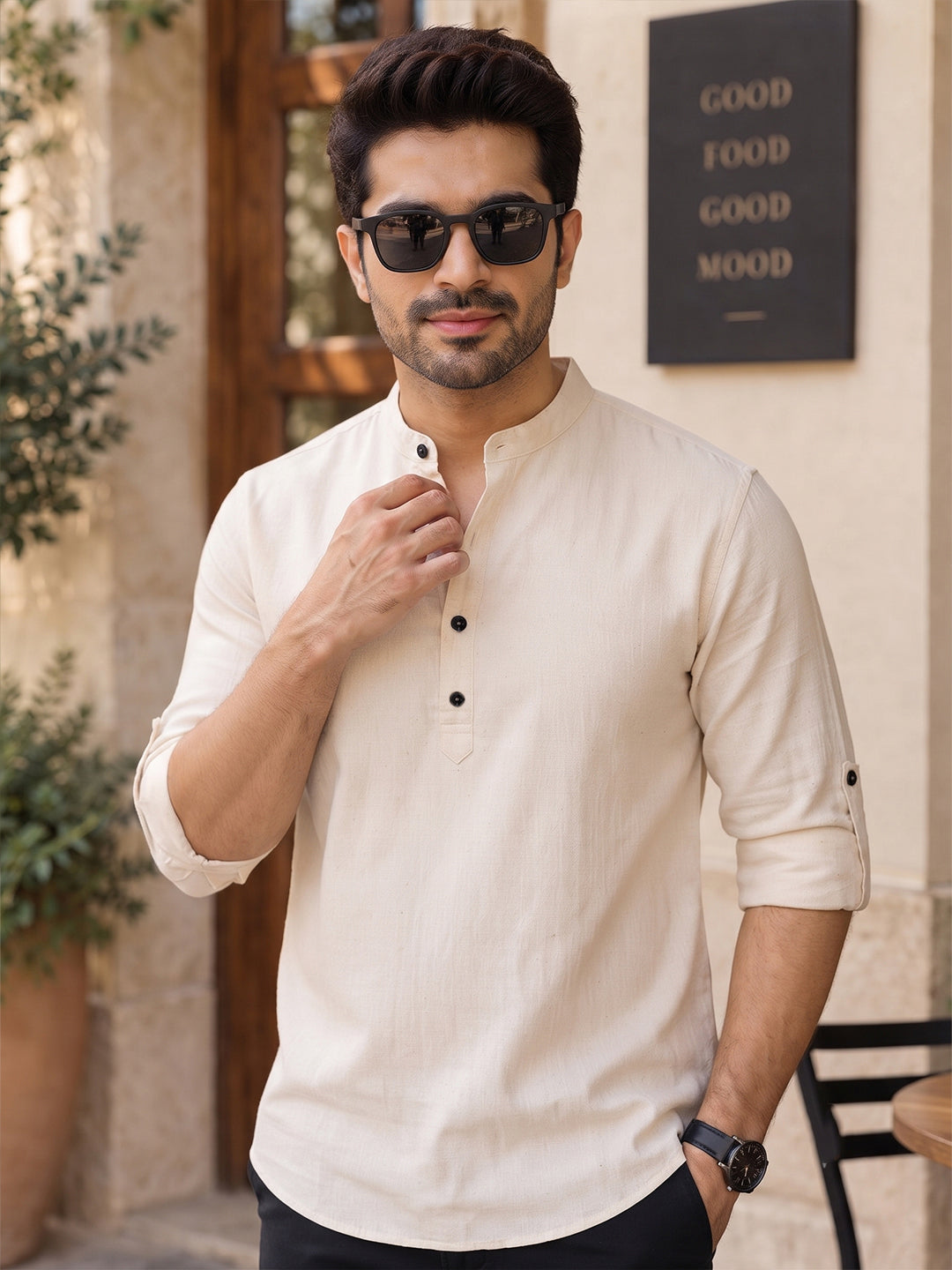 VORA LABEL Men’s Cotton Blend Solid Kurta | Mandarin Collar Full Sleeve Kurta | Casual & Festive Wear