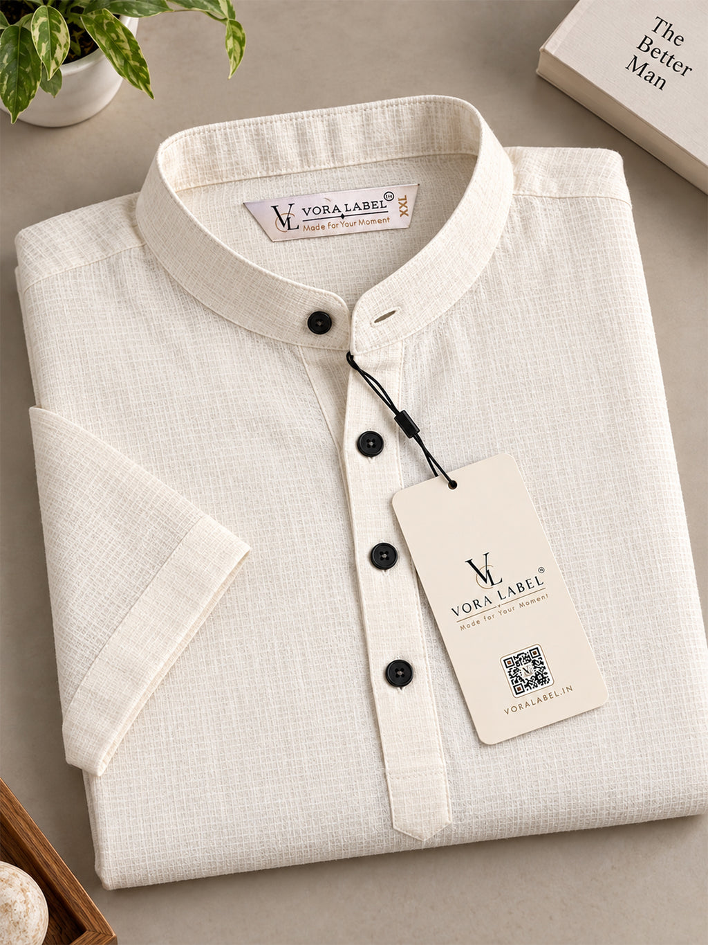 VORA LABEL Men’s Cotton Blend Mandarin Collar Half Kurta | Short Sleeve Solid Casual Wear