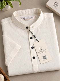 VORA LABEL Men’s Cotton Blend Mandarin Collar Half Kurta | Short Sleeve Solid Casual Wear