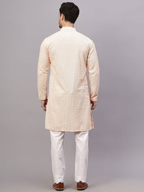 VORA LABEL Men Rayon Schiffli Chikankari Floral Printed Long Kurta Set - Pista