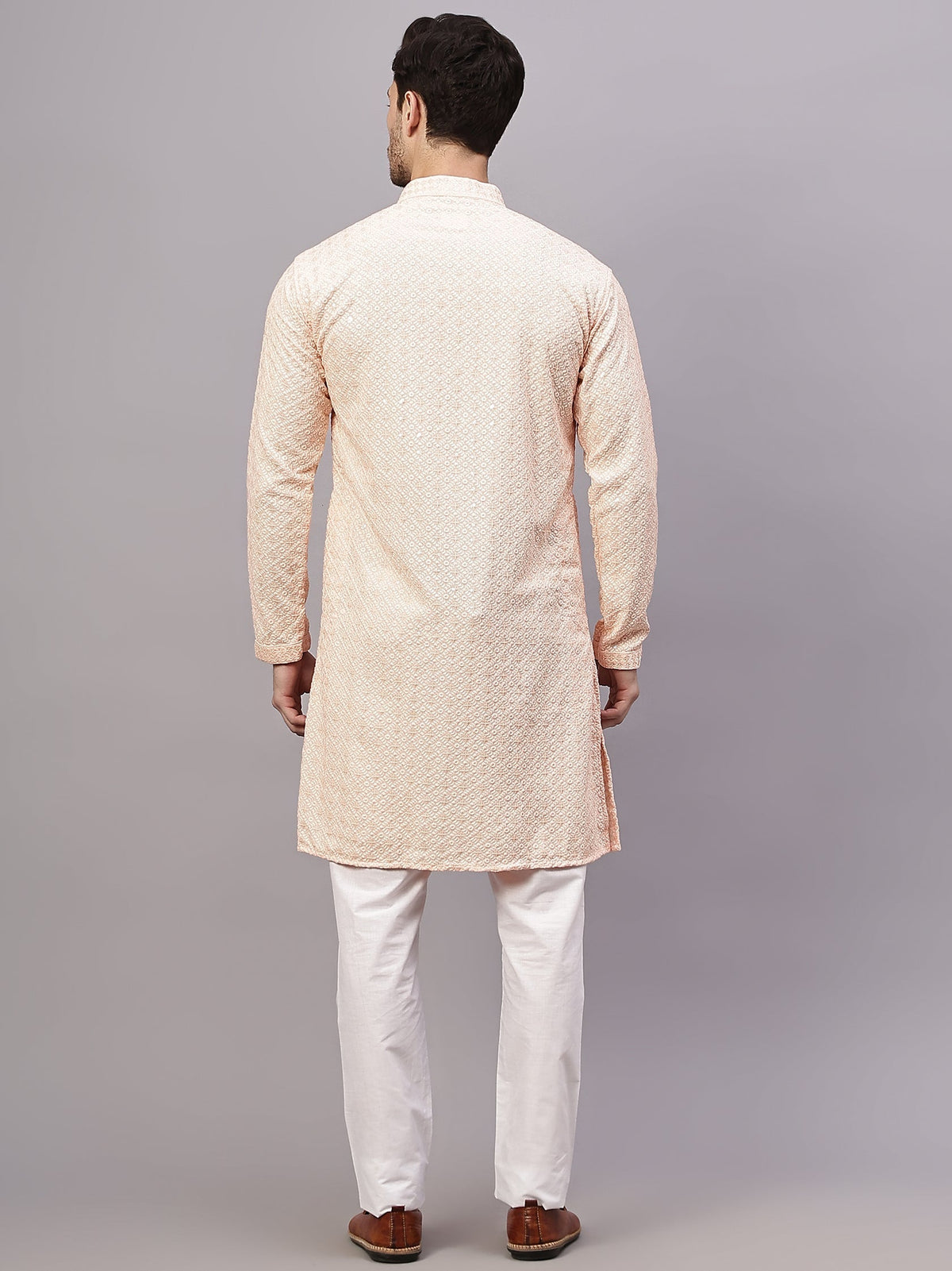 VORA LABEL Men Rayon Schiffli Chikankari Floral Printed Long Kurta Set - Pista
