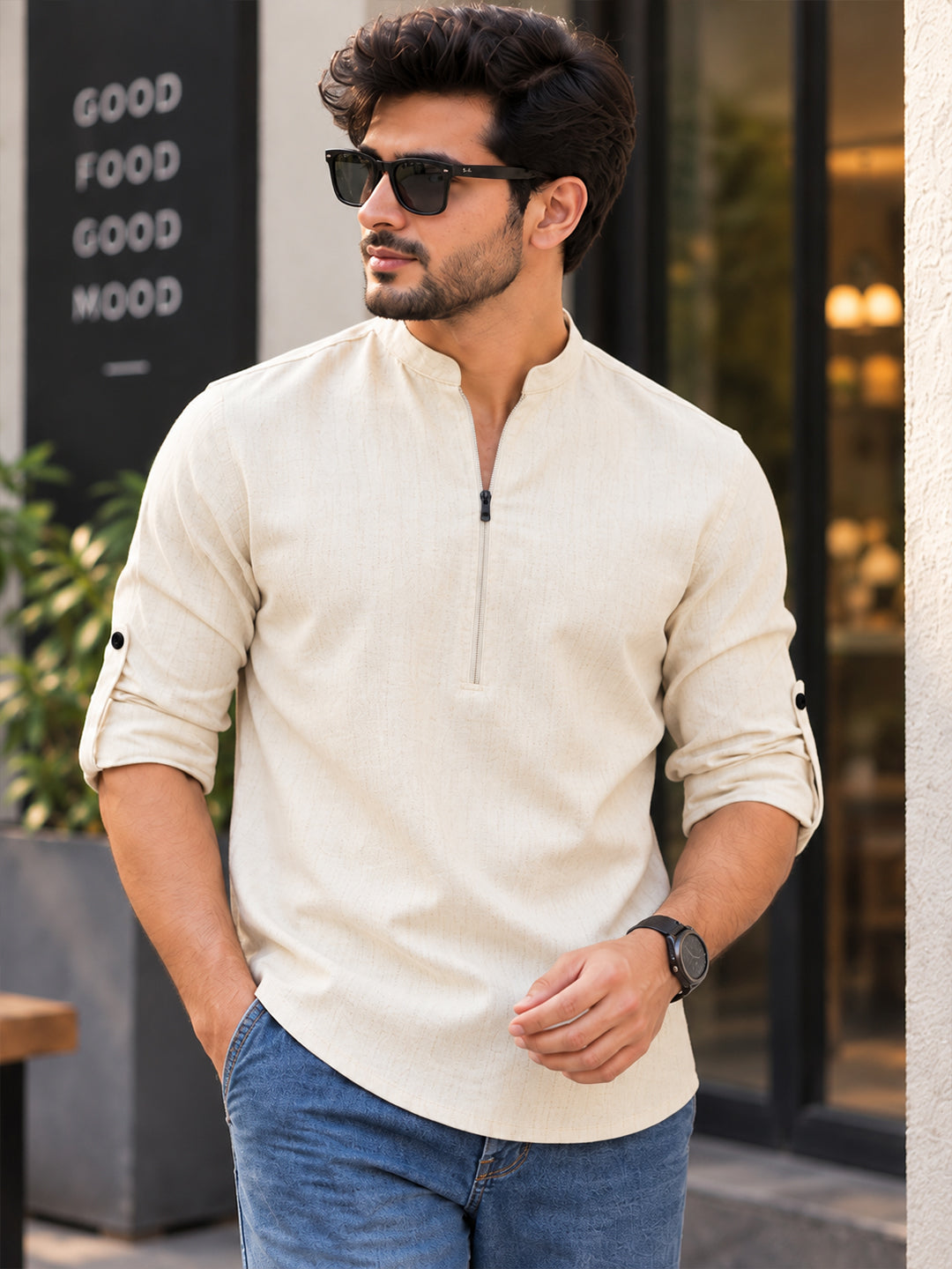 VORA LABEL Men’s Mandarin Collar Cotton Blend Full Sleeve Kurta Main image