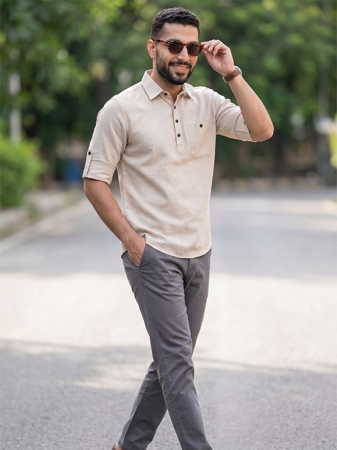 VORA LABEL Men’s Cotton Blend Solid Kurta | Mandarin Collar Full Sleeve Kurta with Pocket | Casual & Festive Wear