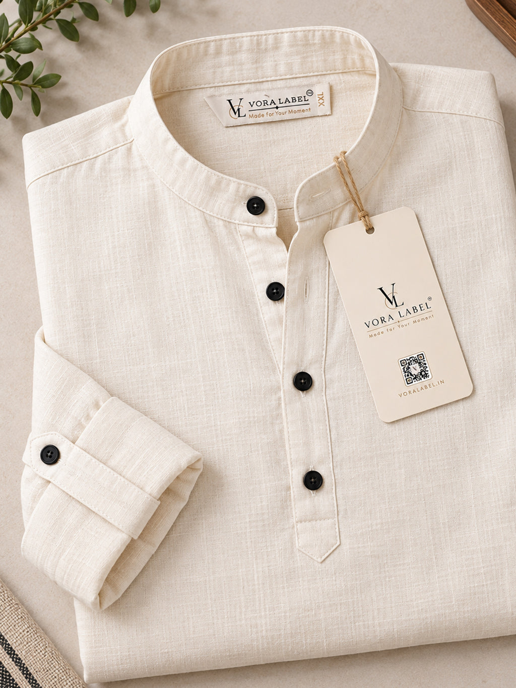 VORA LABEL Men’s Cotton Blend Solid Kurta | Mandarin Collar Full Sleeve Kurta | Casual & Festive Wear