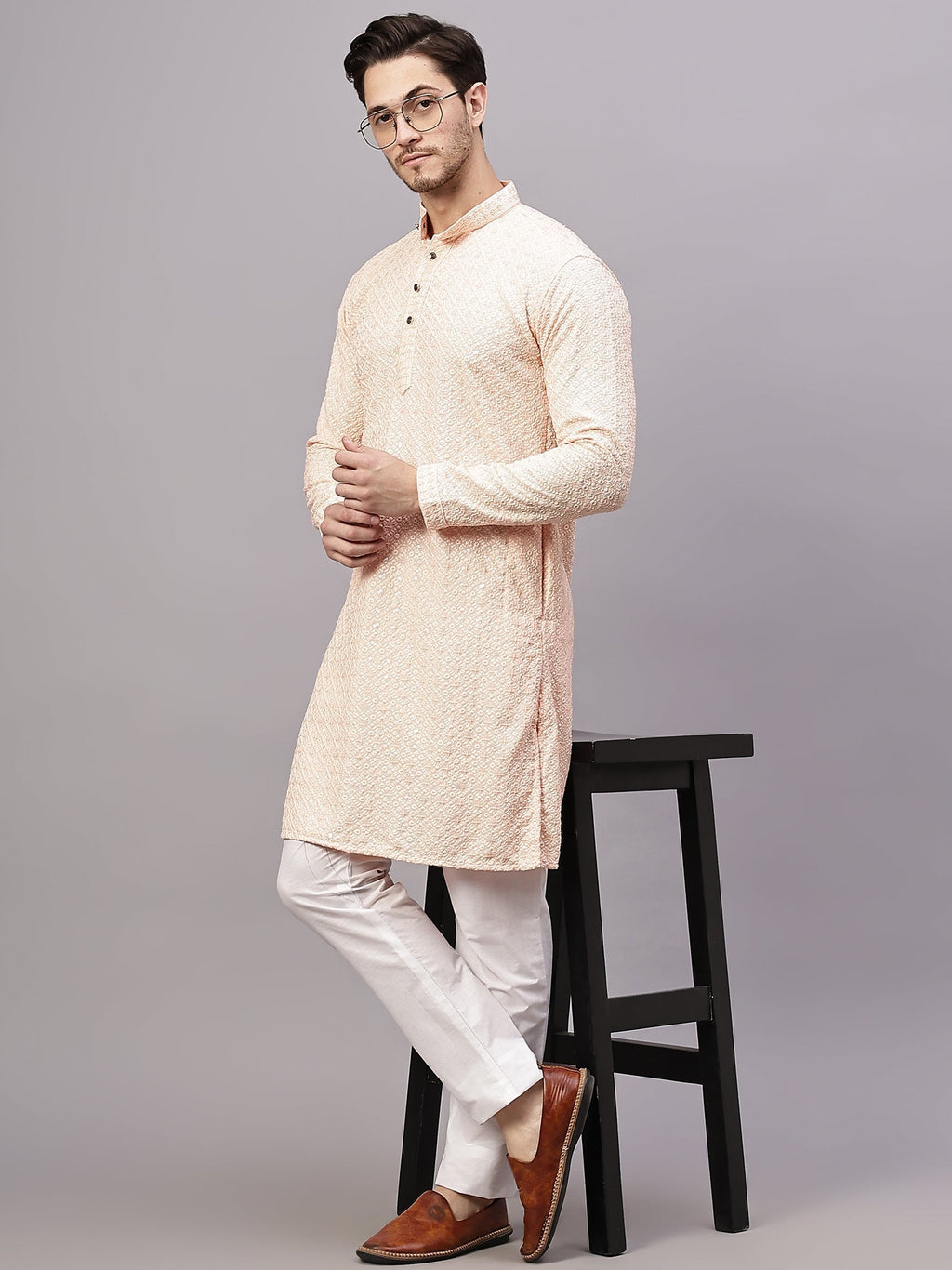 VORA LABEL Men Rayon Schiffli Chikankari Floral Printed Long Kurta Set - Pista