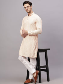 VORA LABEL Men Rayon Schiffli Chikankari Floral Printed Long Kurta Set - Pista