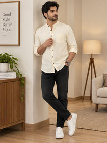 VORA LABEL Men’s Cotton Blend Mandarin Collar Shirt | Full Sleeve Solid Casual & Smart Wear