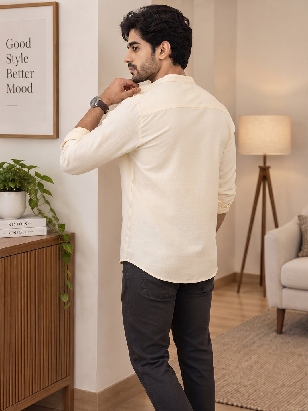 VORA LABEL Men’s Cotton Blend Mandarin Collar Shirt | Full Sleeve Solid Casual & Smart Wear Secondary image