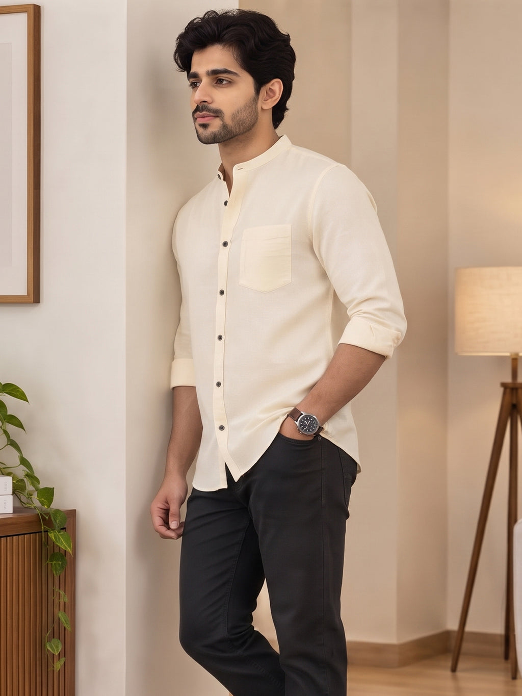 VORA LABEL Men’s Cotton Blend Mandarin Collar Shirt | Full Sleeve Solid Casual & Smart Wear