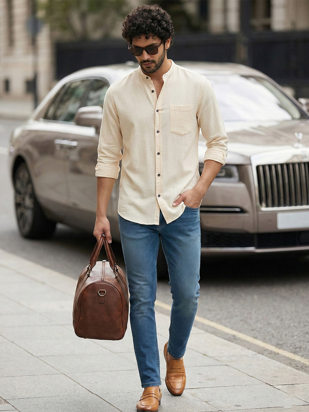 VORA LABEL Men’s Cotton Blend Mandarin Collar Shirt | Full Sleeve Solid Casual & Smart Wear