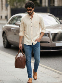VORA LABEL Men’s Cotton Blend Mandarin Collar Shirt | Full Sleeve Solid Casual & Smart Wear