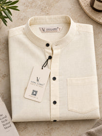 VORA LABEL Men’s Cotton Blend Mandarin Collar Shirt | Full Sleeve Solid Casual & Smart Wear