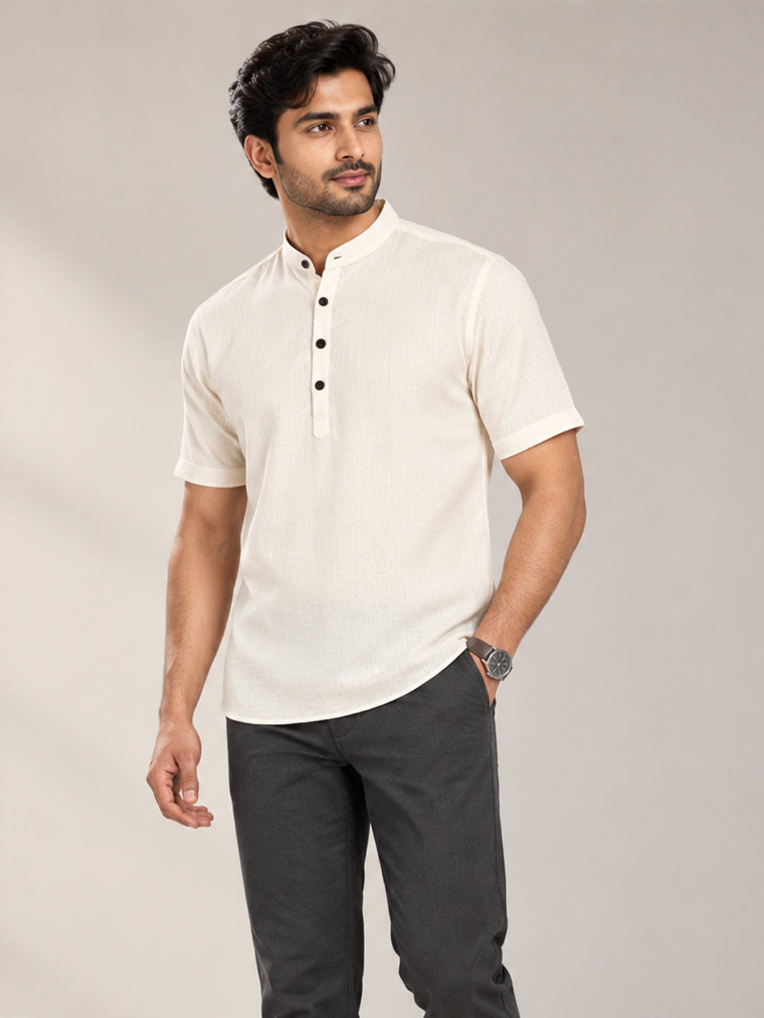 VORA LABEL Men’s Cotton Blend Mandarin Collar Half Kurta | Short Sleeve Solid Casual Wear Main image