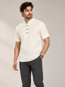 VORA LABEL Men’s Cotton Blend Mandarin Collar Half Kurta | Short Sleeve Solid Casual Wear