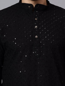VORA LABEL Men Rayon Schiffli Chikankari Embroidered Long Kurta Set - Red