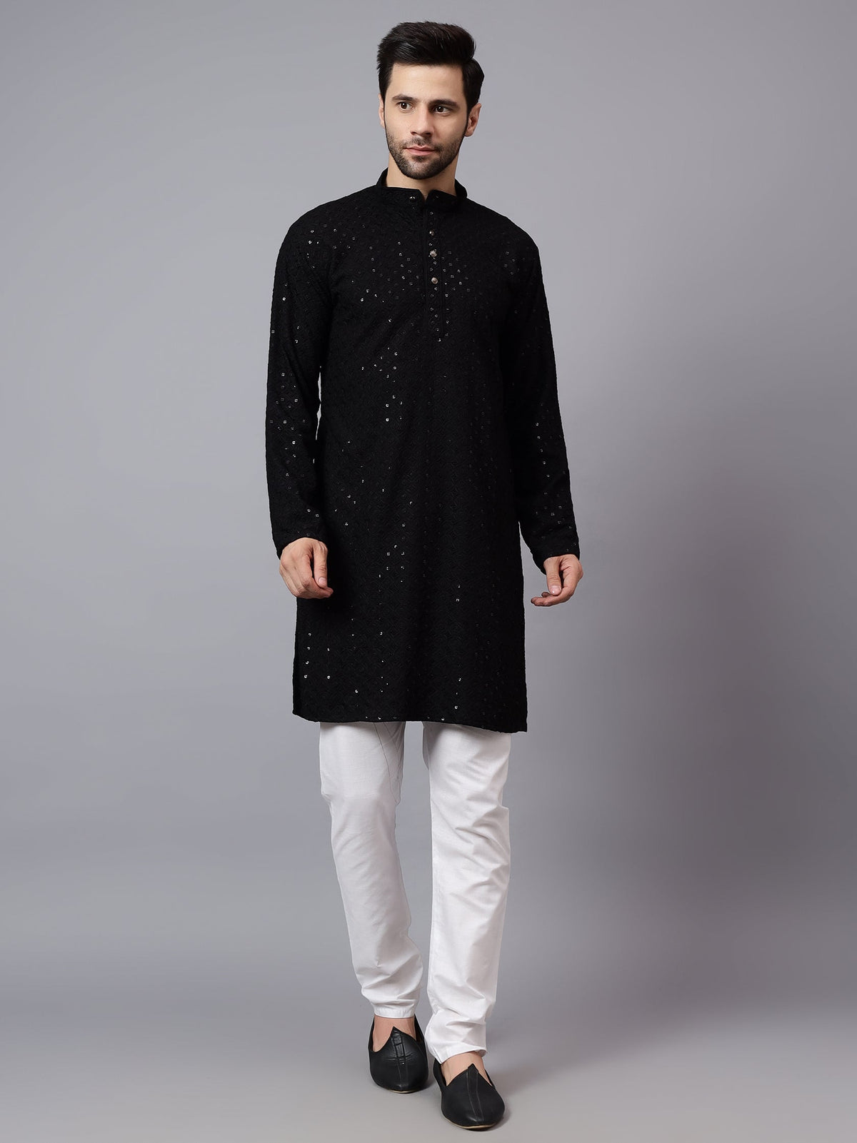 VORA LABEL Men Rayon Schiffli Chikankari Embroidered Long Kurta Set - Red