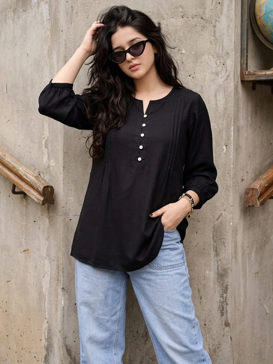VORA LABEL Women Viscose Solid Regular Fit Top - Black Secondary image