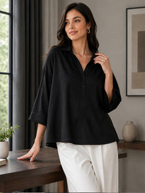 VORA LABEL Women’s Black Viscose Shirt Style Top | Collared Neck Full Sleeve Relaxed Fit Tunic | Elegant Casual Wear