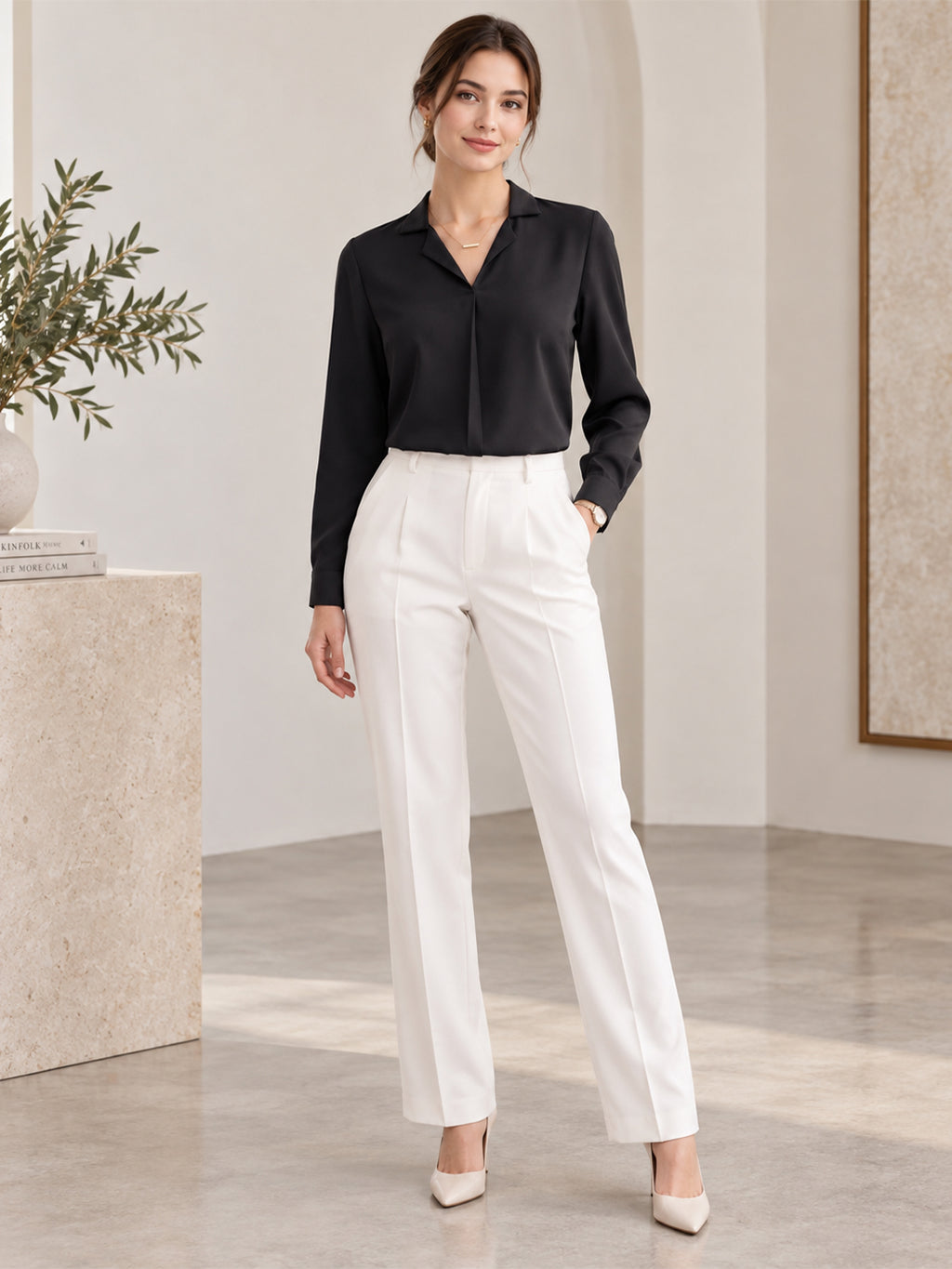 VORA LABEL Women's Black Crepe Shirt | Elegant Full Sleeve Collared Top for Women