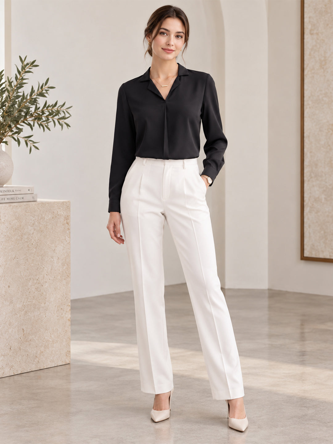 VORA LABEL Women's Black Crepe Shirt | Elegant Full Sleeve Collared Top for Women