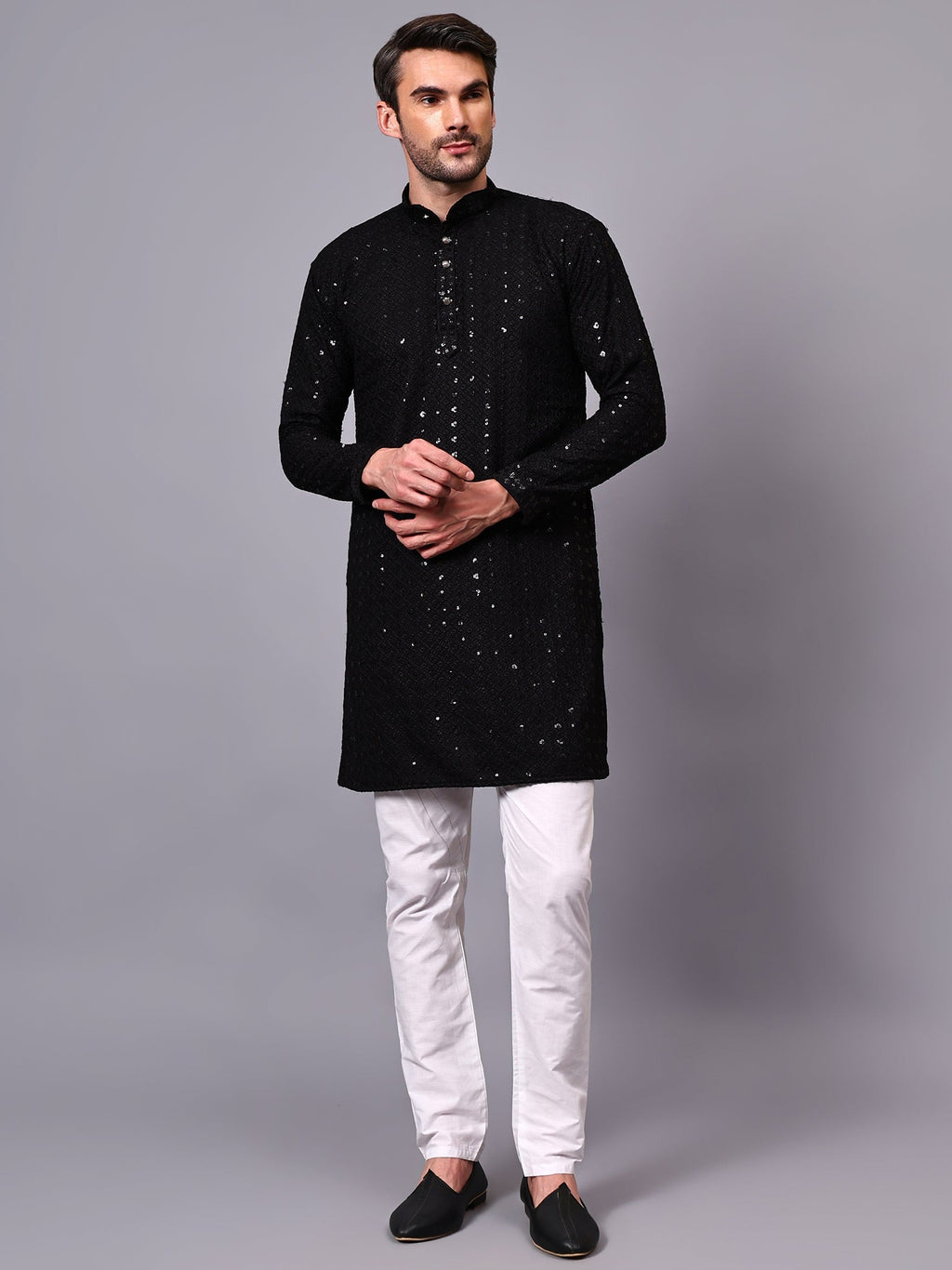 VORA LABEL Men Rayon Schiffli Chikankari Floral Printed Long Kurta Set - Pista
