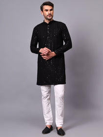 VORA LABEL Men Rayon Schiffli Chikankari Floral Printed Long Kurta Set - Pista