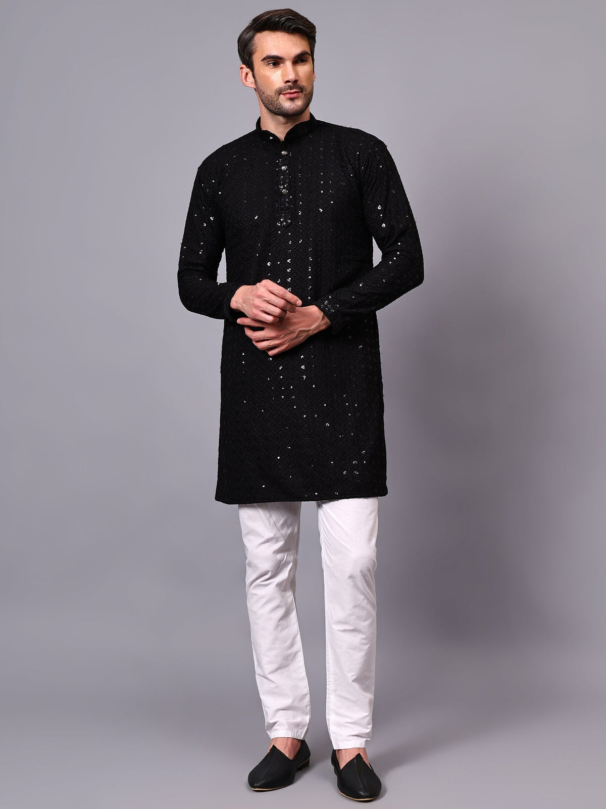 VORA LABEL Men Rayon Schiffli Chikankari Floral Printed Long Kurta Set - Pista