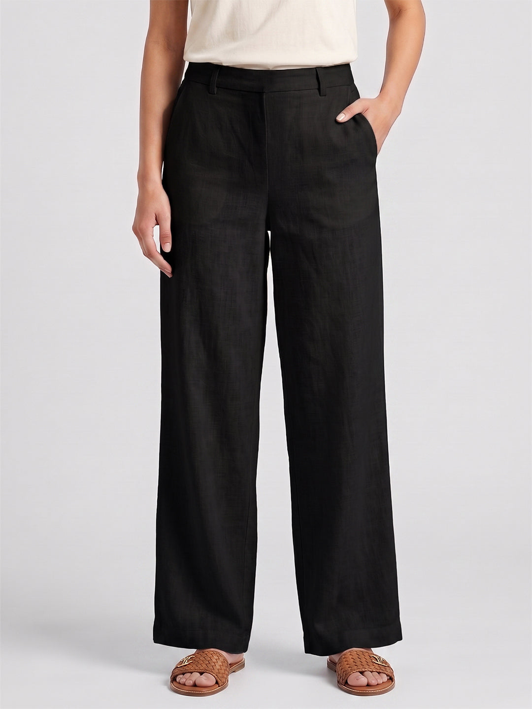 VORA LABEL Women Linen Solid Full Length Wide-Leg Trousers - Black Secondary image
