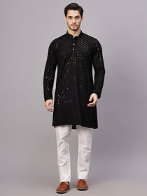 VORA LABEL Men Rayon Schiffli Chikankari Embroidered Long Kurta Set - Yellow