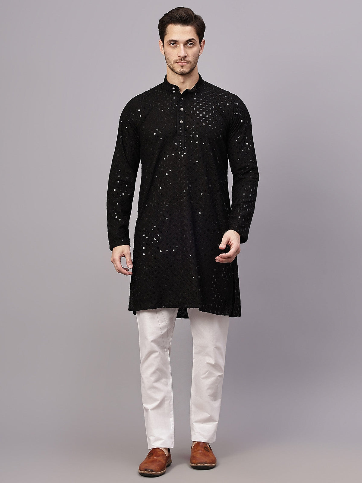 VORA LABEL Men Rayon Schiffli Chikankari Embroidered Long Kurta Set - Yellow