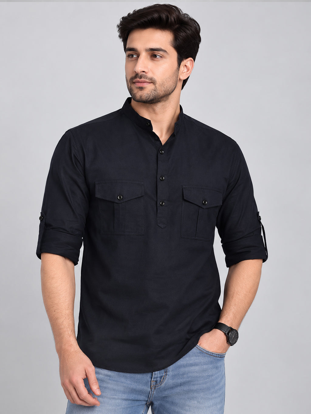 VORA LABEL Men’s Pure Cotton Solid Mandarin Collar Kurta | Full Sleeves with Roll-Up Tab | Casual & Smart Casual Wear