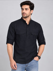 VORA LABEL Men’s Pure Cotton Solid Mandarin Collar Kurta | Full Sleeves with Roll-Up Tab | Casual & Smart Casual Wear