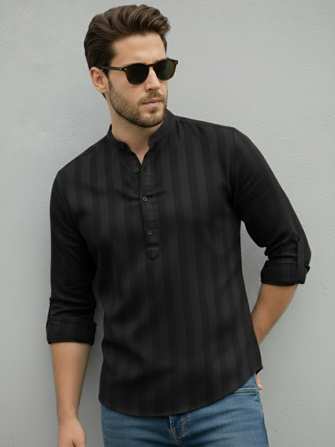 VORA LABEL Men Cotton Striped Relaxed Fit Short Kurta - Black