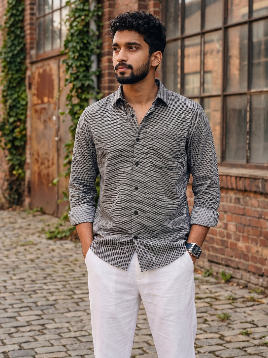 VORA LABEL Men Cotton Printed Regular Fit Casual Shirt - Grey