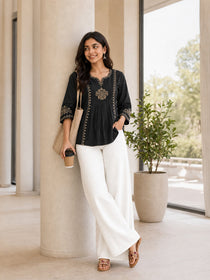 VORA LABEL Women Viscose Rayon Embroidered Regular Fit Peplum Top - Black