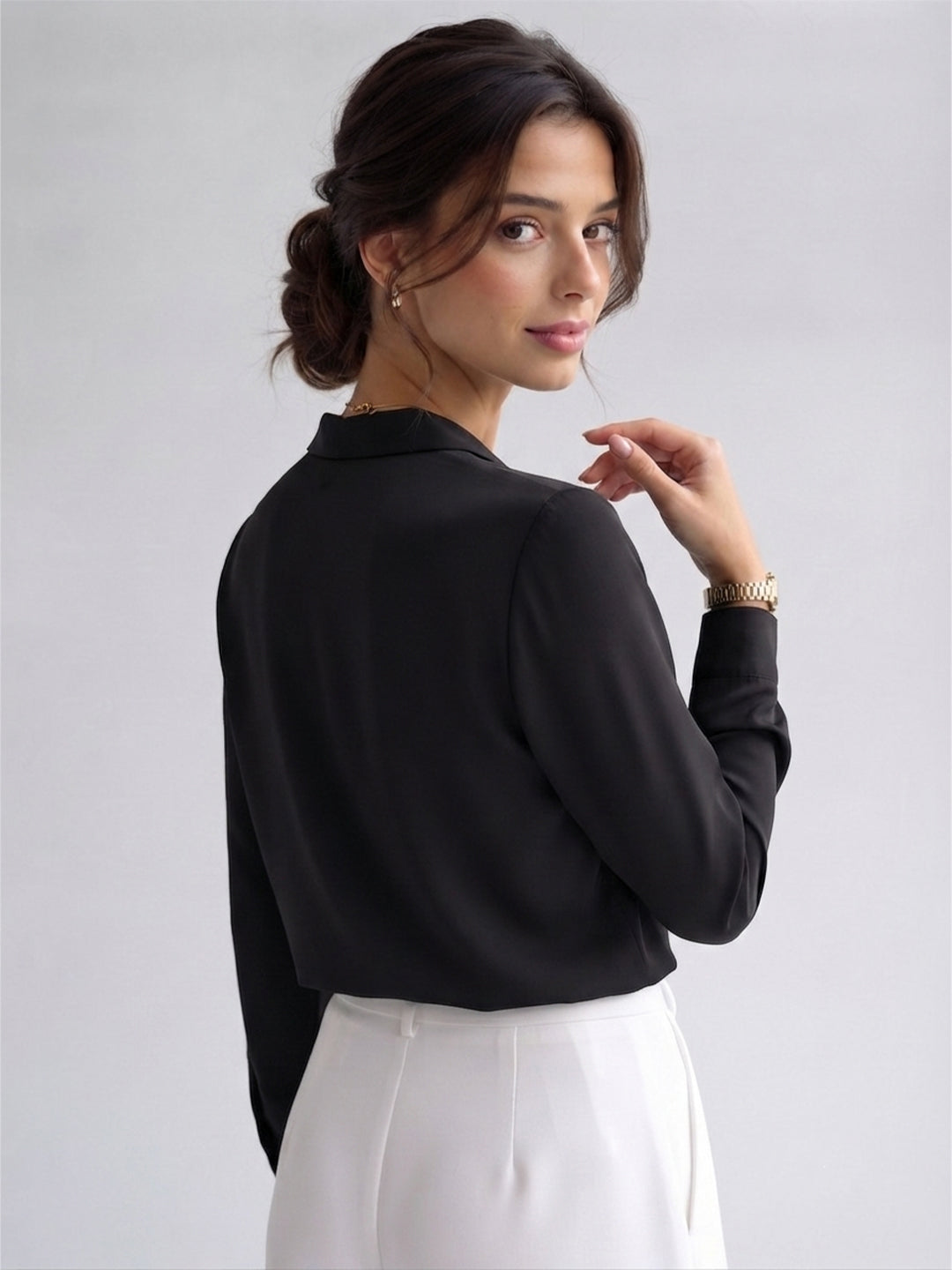 VORA LABEL Women's Black Crepe Shirt | Elegant Full Sleeve Collared Top for Women