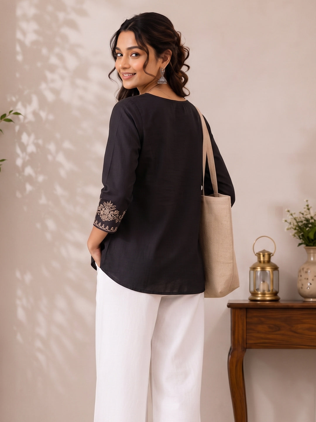 VORA LABEL Women Viscose Rayon Embroidered Regular Fit Peplum Top - Black Secondary image