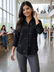 VORA LABEL Women Denim Floral Printed Embroidered Shirt - Black