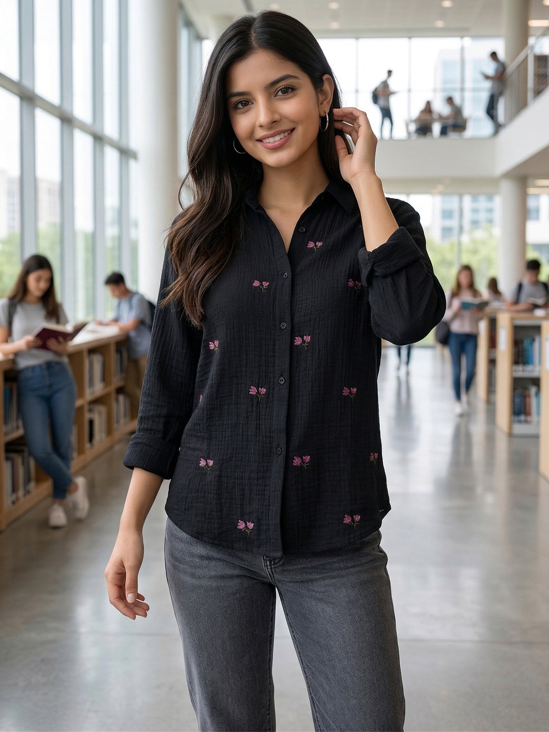 VORA LABEL Women Denim Floral Printed Embroidered Shirt - Black