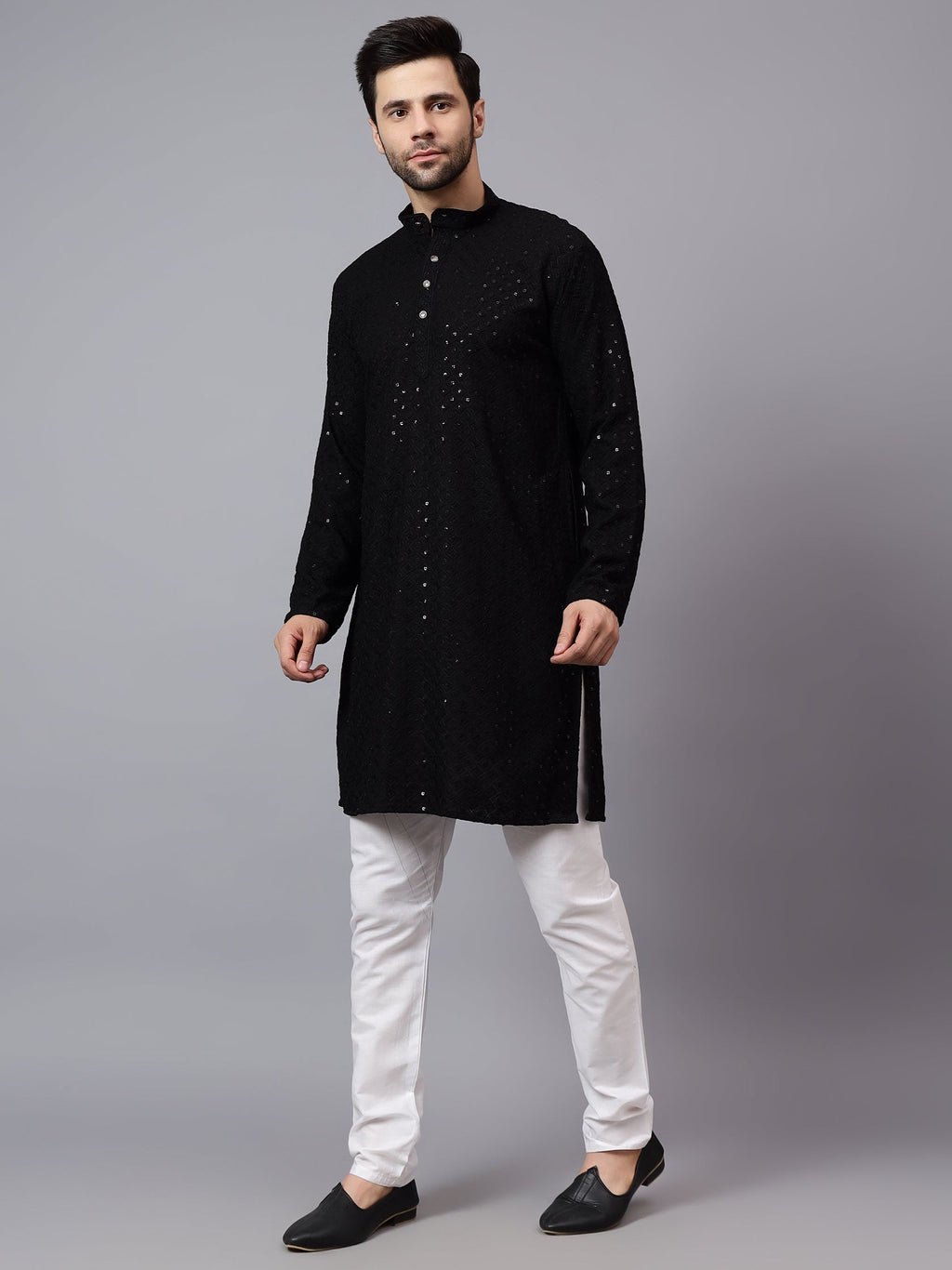 VORA LABEL Men Rayon Schiffli Chikankari Embroidered Long Kurta Set - Red