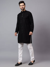 VORA LABEL Men Rayon Schiffli Chikankari Embroidered Long Kurta Set - Red