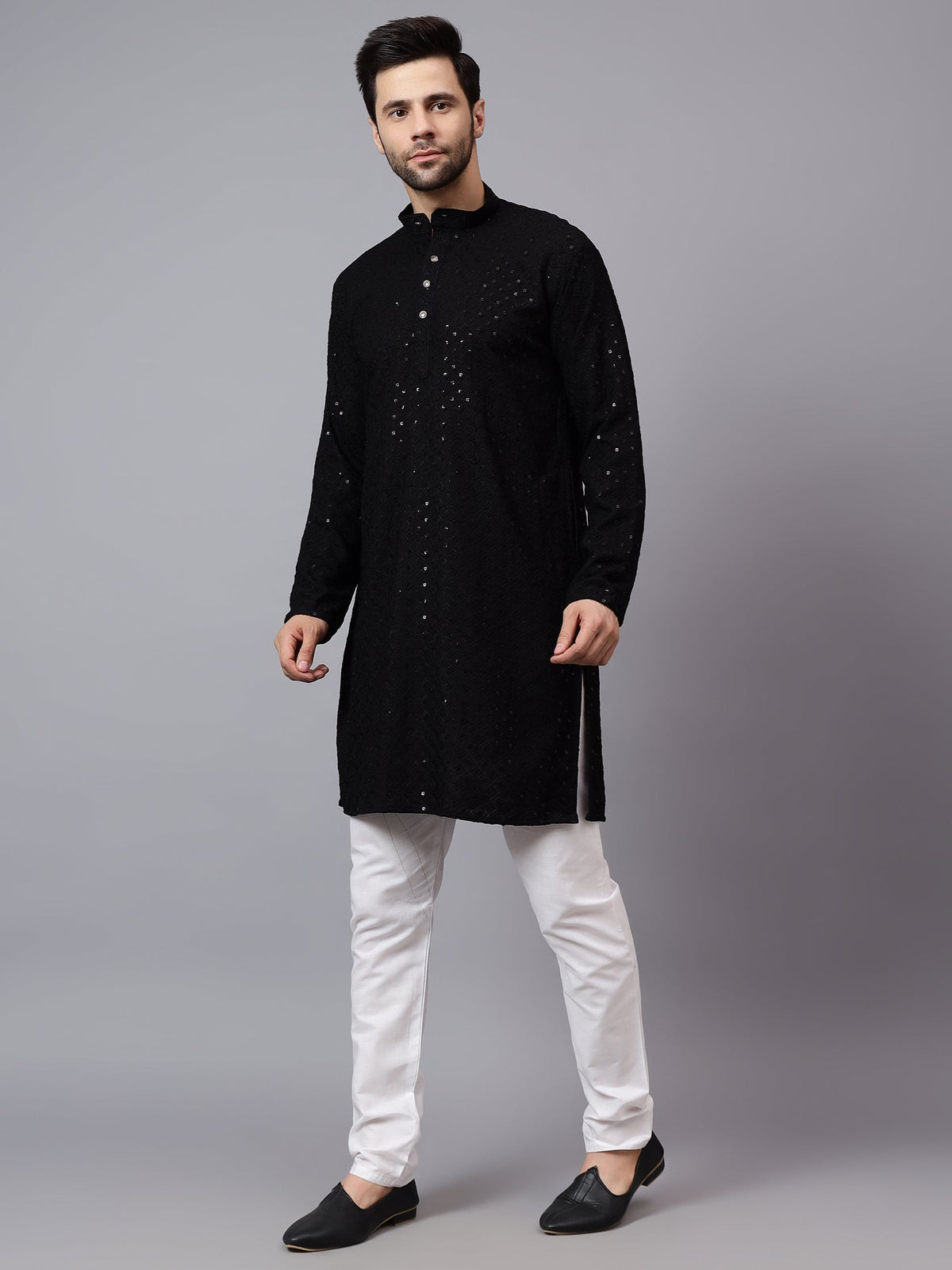 VORA LABEL Men Rayon Schiffli Chikankari Embroidered Long Kurta Set - Red