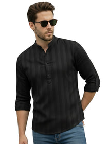 VORA LABEL Men Cotton Striped Relaxed Fit Short Kurta - Black