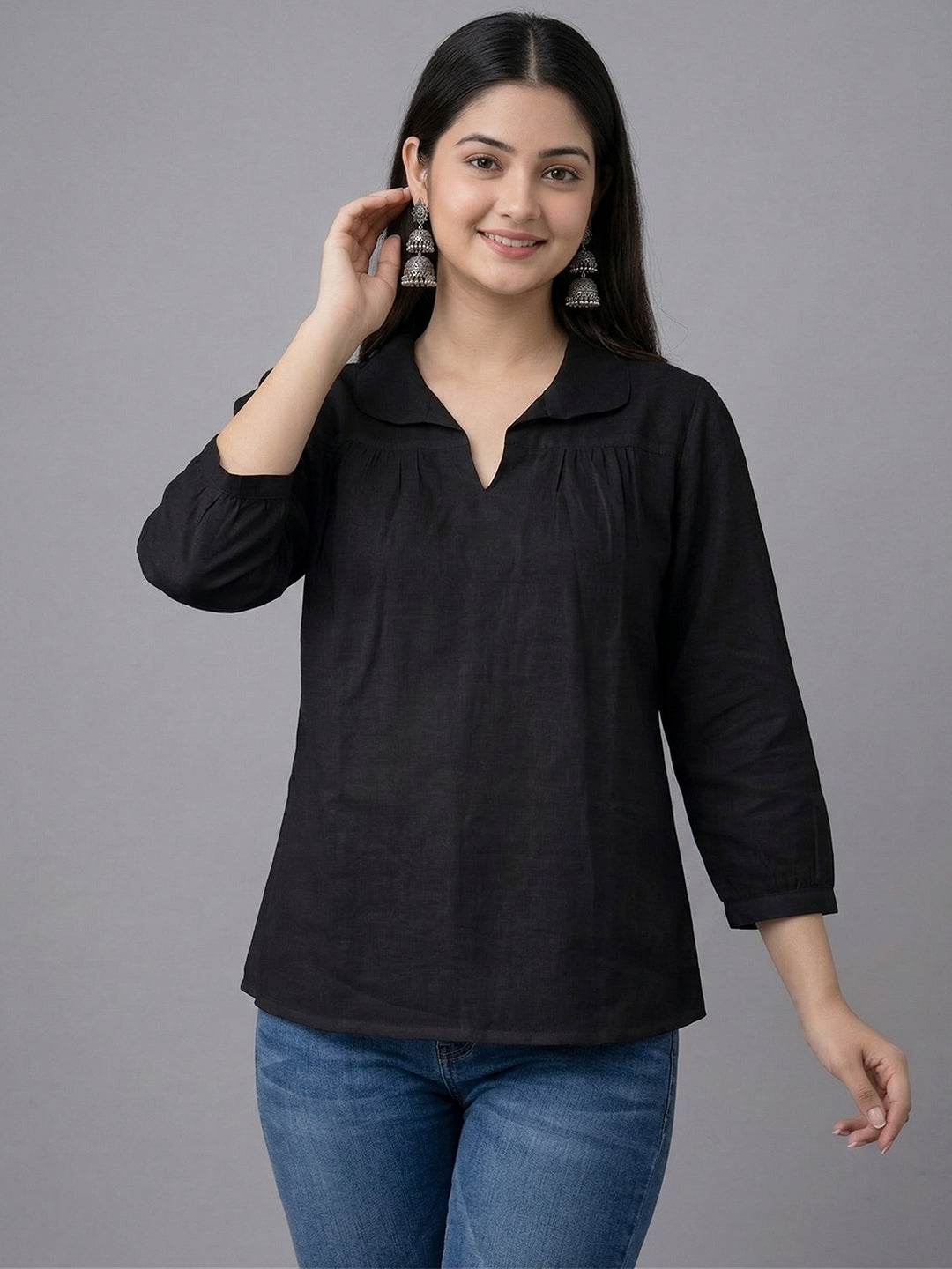 VORA LABEL Women Linen Cotton Regular Fit V Neck Top - White