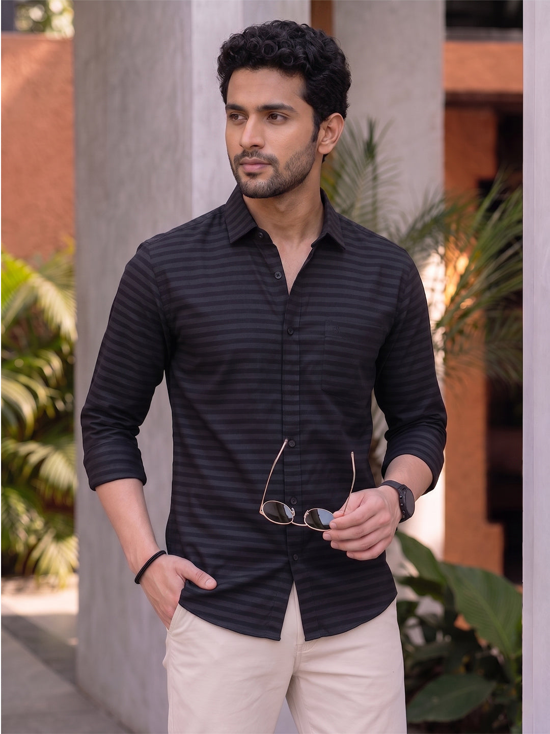 VORA LABEL Men Denim Striped Slim Fit Casual Shirt - Black Main image
