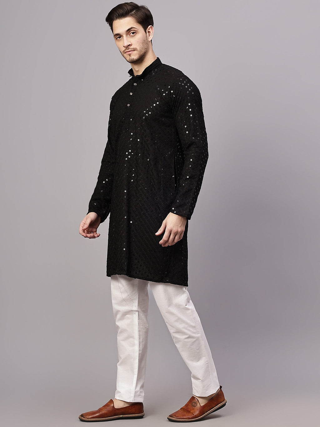 VORA LABEL Men Rayon Schiffli Chikankari Embroidered Long Kurta Set - Yellow
